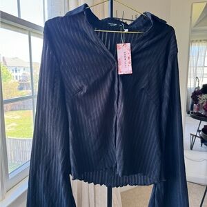 SHEIN Blue Ribbed Long Sleeve Blouse with Mandarin Collar